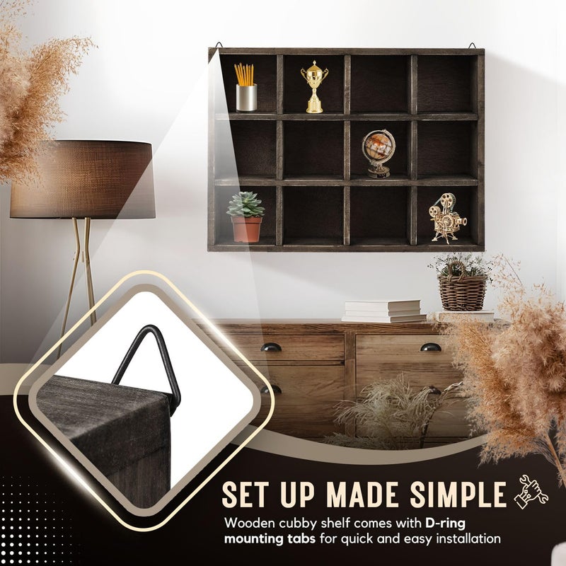 Flexzion Wooden Cubby Shelf - 12-Compartment Floating Hanging Wall Display Shelf Wood Rustic Brown Knick Knack Shelf, Versatile Wall Compartment Shelf with D-Ring Mounting Tabs - Image 5